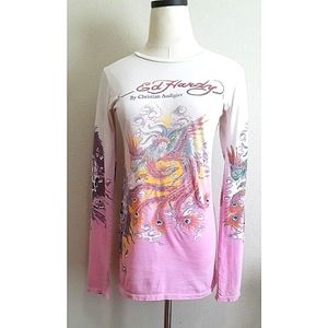 Ed Hardy Christian Audigier Shirt Ombre Pink Peacock Feathers Purple Skull